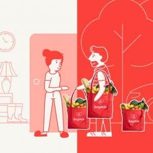 animation for buymie app of person a delivering groceries to person b