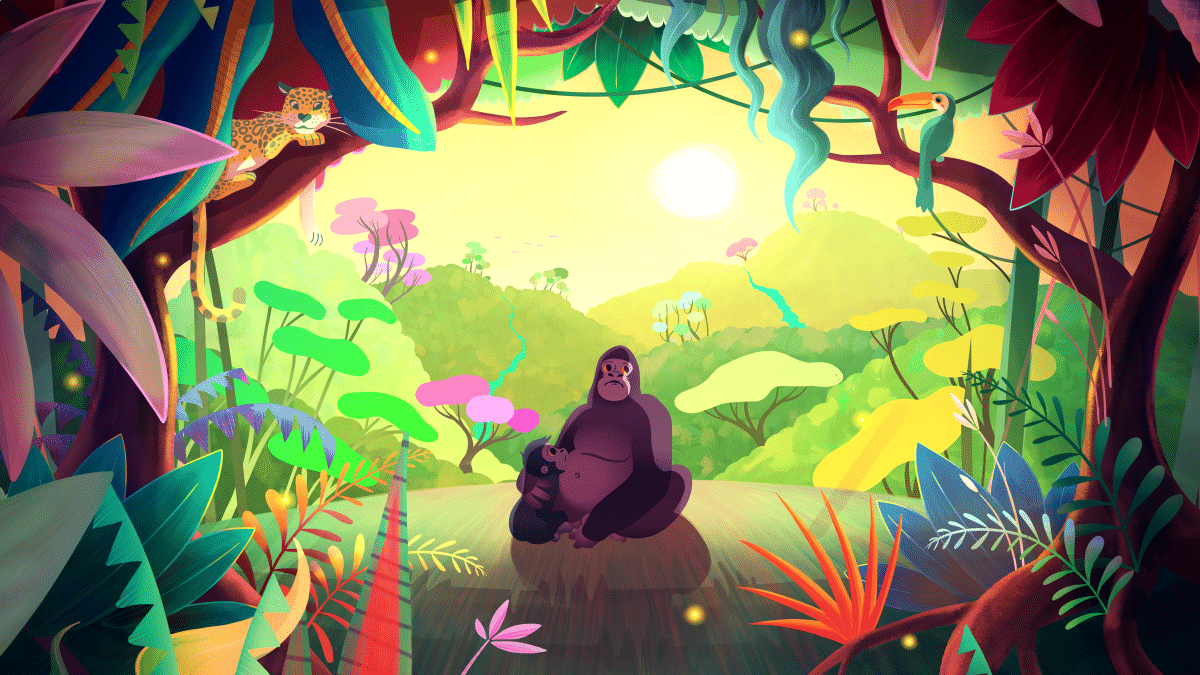 animation of a gorilla and lion in a beautiful bright forest